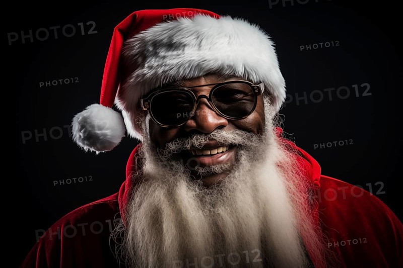 A modern black Santa Claus in Santa hat with sunglasses and a long white beard, smiling looking at camera against a dark background, AI generated