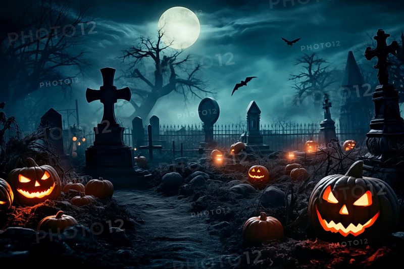 Halloween concept, spooky graveyard at night under full moon with Halloween jack-o-lantern pumpkins with glowing eyes, graves and tombstones, AI generated