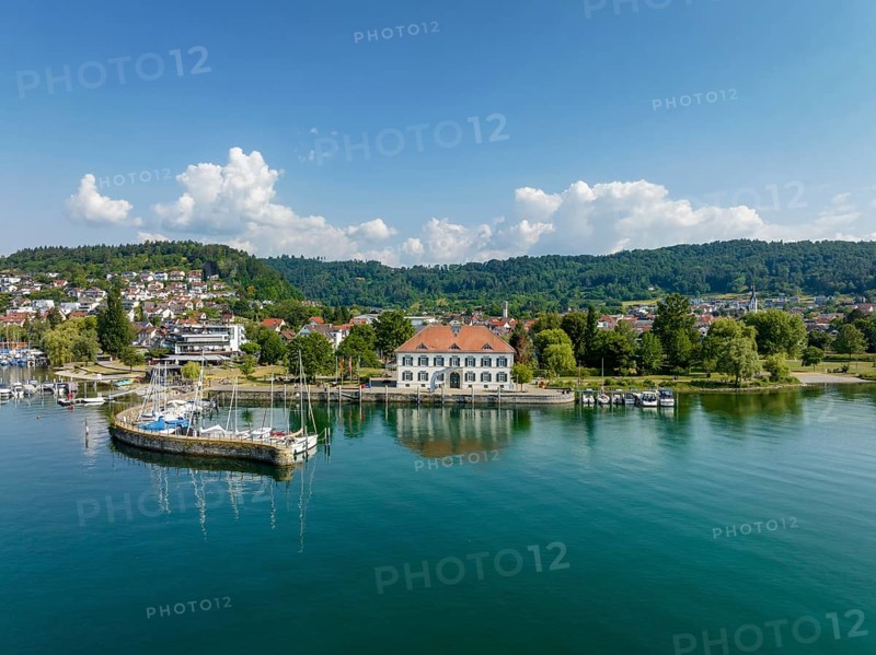 Aerial view of Lake Constance with the municipality of Bodman-Ludwigshafen with the marina and old customs house, Hegau, Constance County, Baden-Württemberg, Germany, Europe
