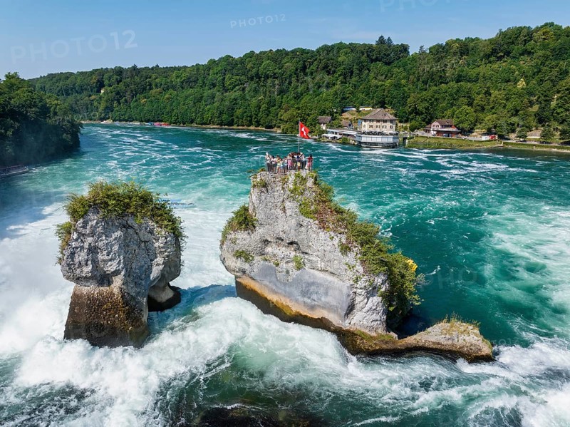 Aerial view of the Rhine Falls, with tourists on the viewing platform, Neuhausen, Canton Schaffhausen, Switzerland, Europe