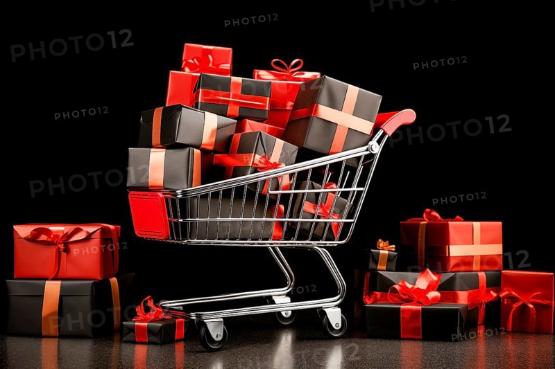 A black Friday Sale concept, black present boxes with red ribbons in shopping cart on a black background, AI generated