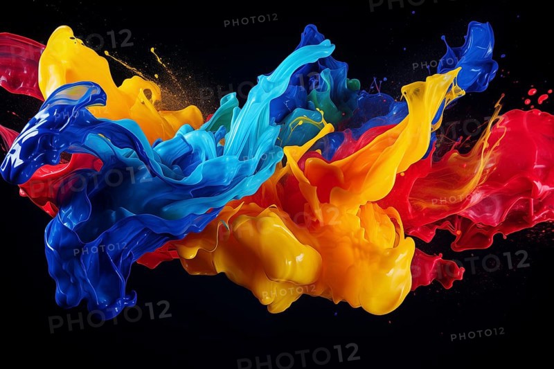 Abstract background of vibrant colorful paint splashes on black background, AI generated