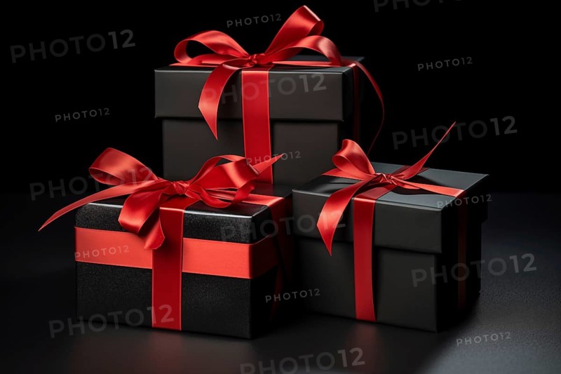 A black Friday Sale concept with black present boxes with red ribbons on a black background, AI generated