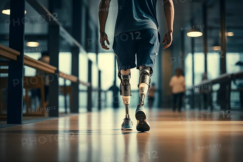 Amputee sportsman walking in corridor with bionic prosthetic legs prosthesis with robotic technology. Advancements in medical science and engineering, determination, strength, progress of the disabled, AI generated