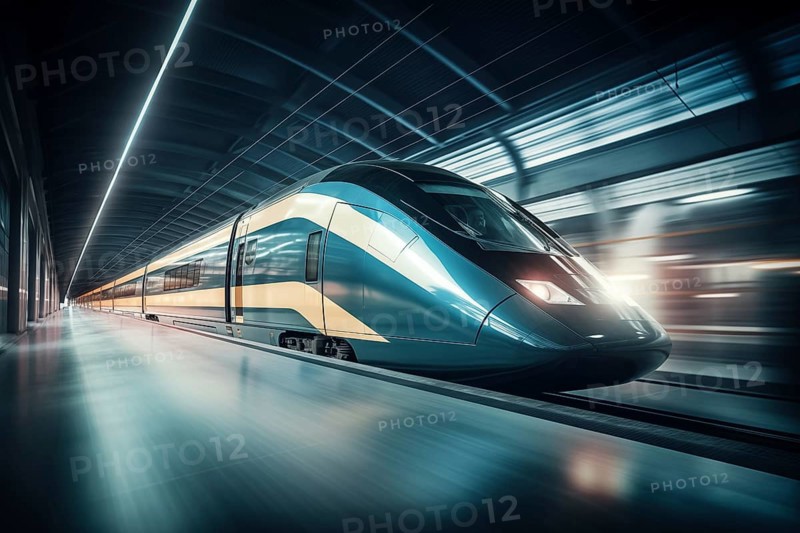 Modern high speed train in a futuristic train station. Modern transportation technology, speed, travel concepts. Railroad with motion blur effect, AI generated