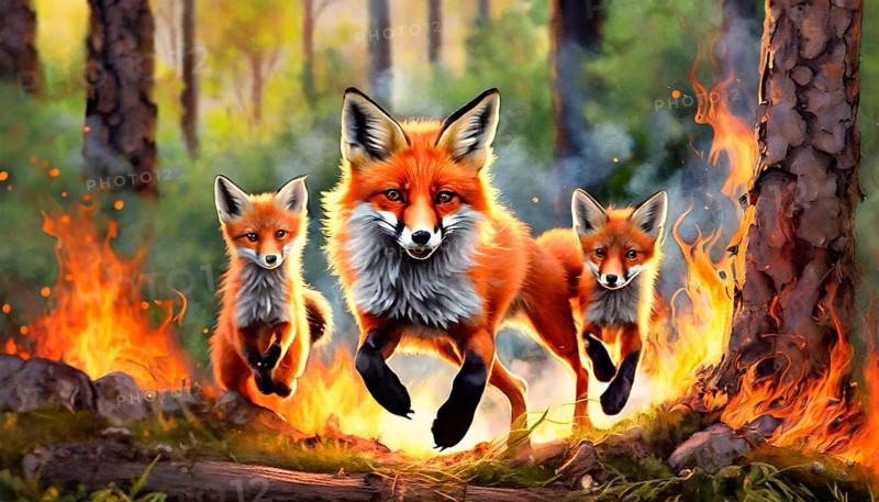 Climate change, global warming, environmental disaster, a red fox, a fawn, flees with her pups from a forest fire, AI generated