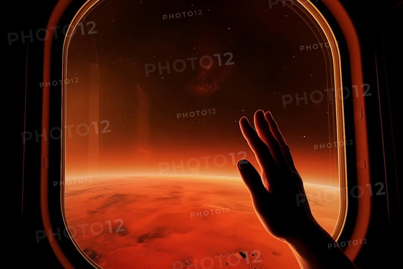 Mars landscape seen through spaceship window illuminator with astronaut hand touching the glass. Concept of extraterrestrial journey space exploration, conveys sense of otherworldly beauty and wonder, AI generated