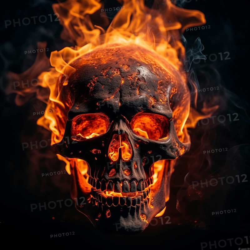 Spooky and scary burning skull on a dark background. Perfect for Halloween or horror-themed projects, AI generated