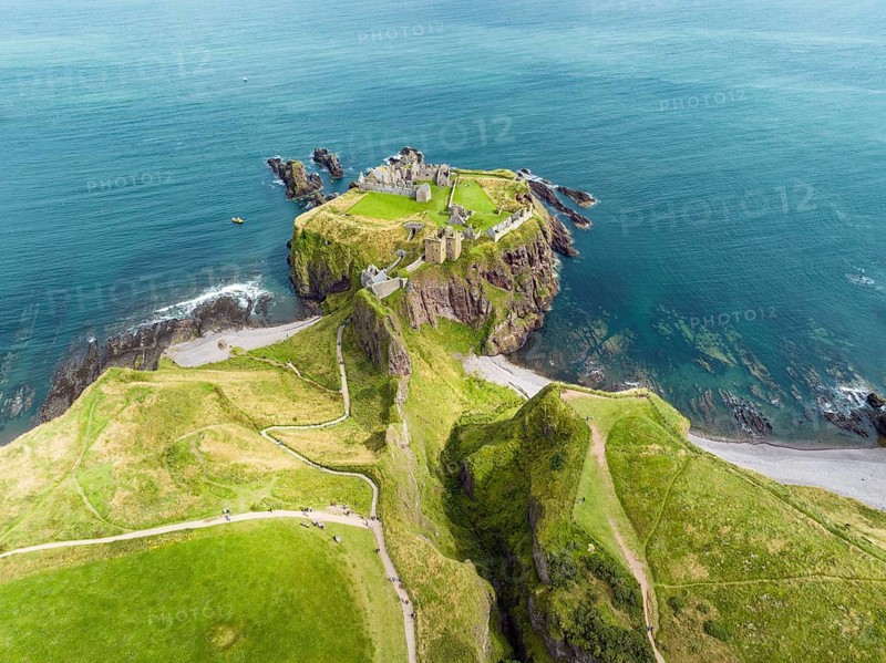 Aerial view of Dunnottar Castle ruins on the North Sea coast, Stonehaven, Aberdeenshire, Scotland, United Kingdom, Europe