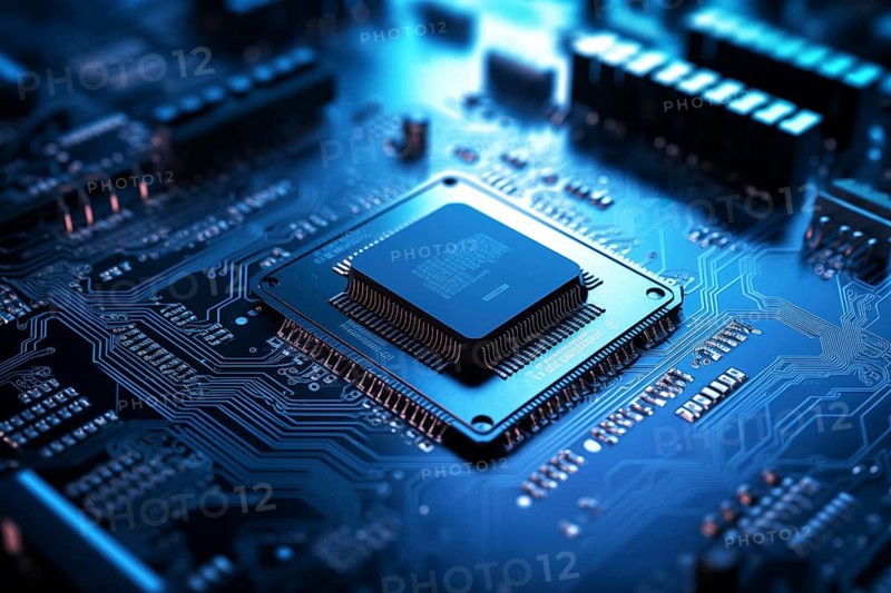Close-up image of a blue circuit board with a central microchip processor CPU with various electronic components and connections. Technology, computer hardware, and manufacturing industries, AI generated