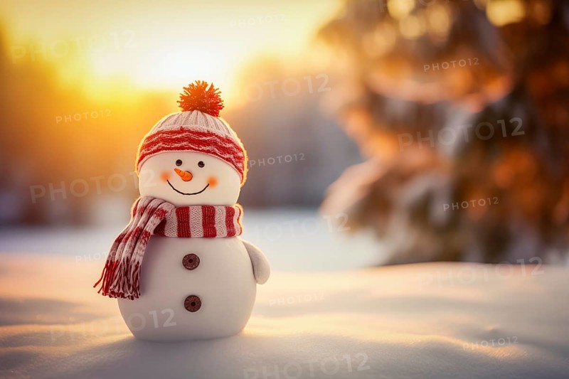 Smiling cute snowman with a red scarf and hat in a winter forest landscape at sunset. Concept the holiday season and cold weather, AI generated