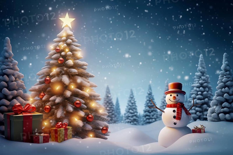 Peaceful and serene Christmas scene with a decorated Christmas tree with gifts presents and a cute snowman in a snowy forest, AI generated