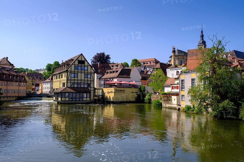 Left arm of the Regnitz, with mill bridge, and Eckert's inn, Bamberg, Upper Franconia, Bavaria, Germany, Europe