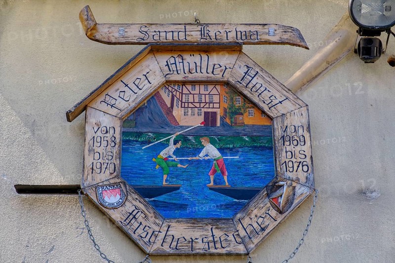 Shield Fisherman King, Fisherman's punt, Regnitz with Kleinvenedig, Bamberg, Upper Franconia, Bavaria, Germany, Europe