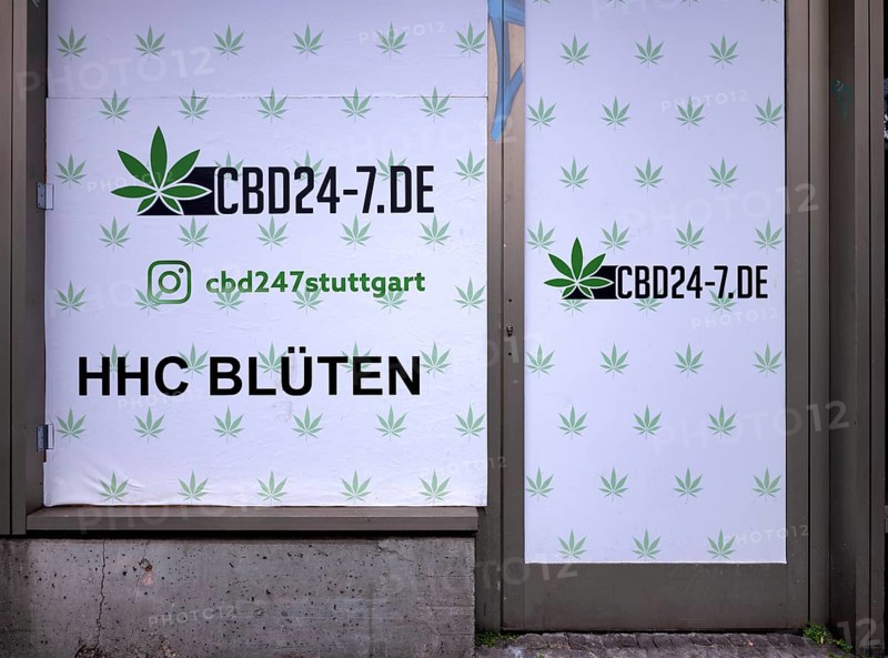 Shop window, CBD shop, retail shop, sale, trade, HHC flowers from hexahydrocannabino, cannabinoids of the hemp plant, cannabis, legal alternative to THC, Bad Cannstatt, Stuttgart, Baden-Württemberg, Germany, Europe