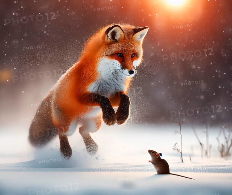A red fox in winter fur jumping in pursuit of a mouse in the snow in a winter landscape, AI generated, AI generated