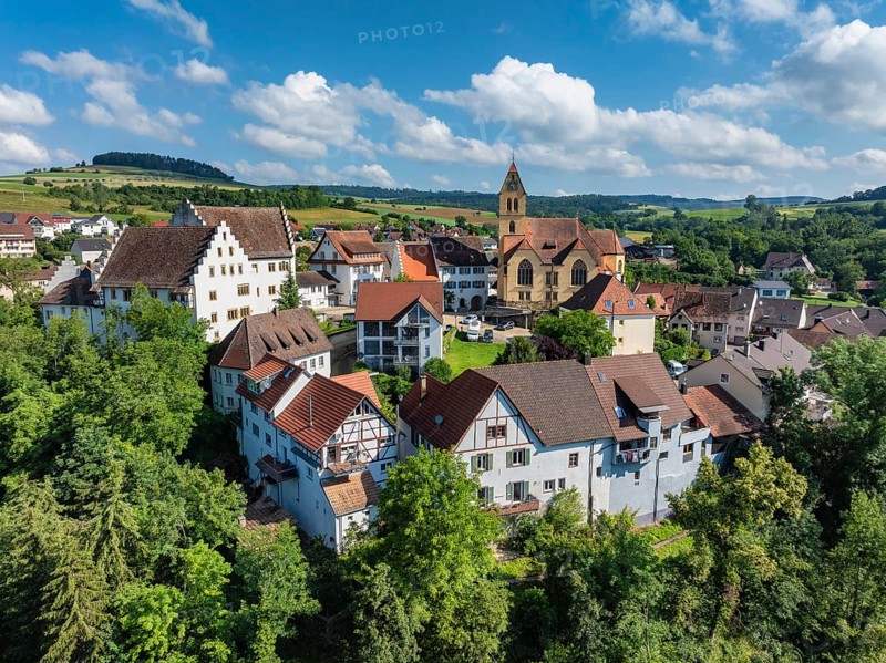 Aerial view of flower field, district of the southern Baden town of Tengen with flower field Castle and the parish church of St Michael, Hegau, district of Constance, Baden-Württemberg, Germany, Europe