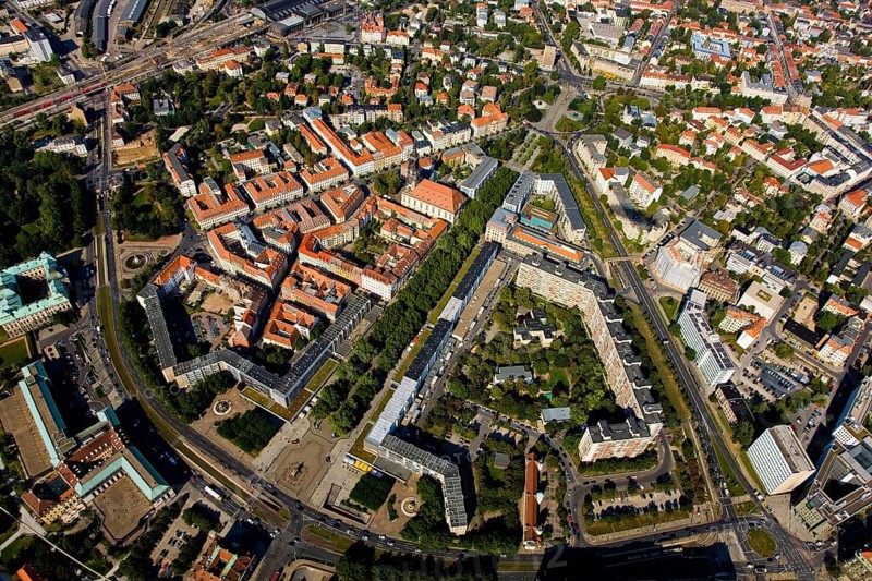 Aerial view of Dresden Neustadt. The layout of the baroque central axes goes back to Augustus the Strong