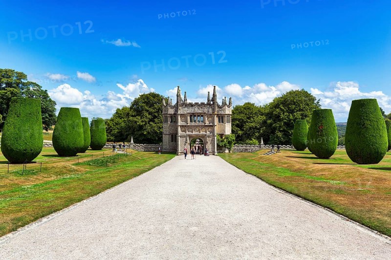 Lanhydrock House, formal garden overlooking gatehouse, sunny weather, Bodmin, Cornwall, England, United Kingdom, Europe