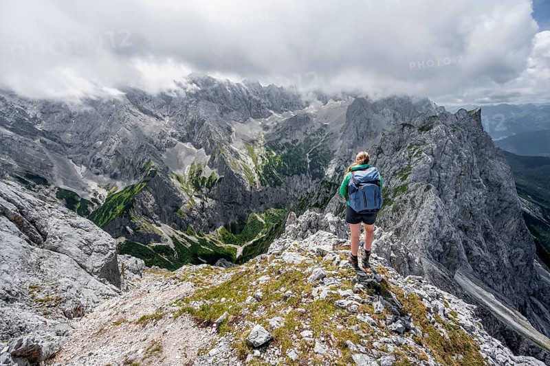 Mountaineer climbing the Waxenstein, Wetterstein Mountains, Garmisch-Patenkirchen, Bavaria, Germany, Europe