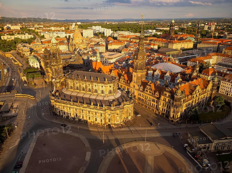Old town of Dresden with the famous towers. in the foreground the Catholic Court Church