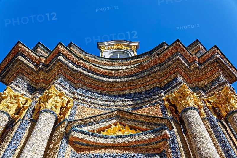 Temple of the Sun, facade, exterior walls, columns, ornate, colourful, coloured stones, crystals and pieces of glass, mosaic, mosaic-like arrangement, New Palace, Orangery, Hermitage, historical park, landscape park, Rococo, built from 1715, Eremitage district, Bayreuth, Upper Franconia, Franconia, Bavaria, Germany, Europe