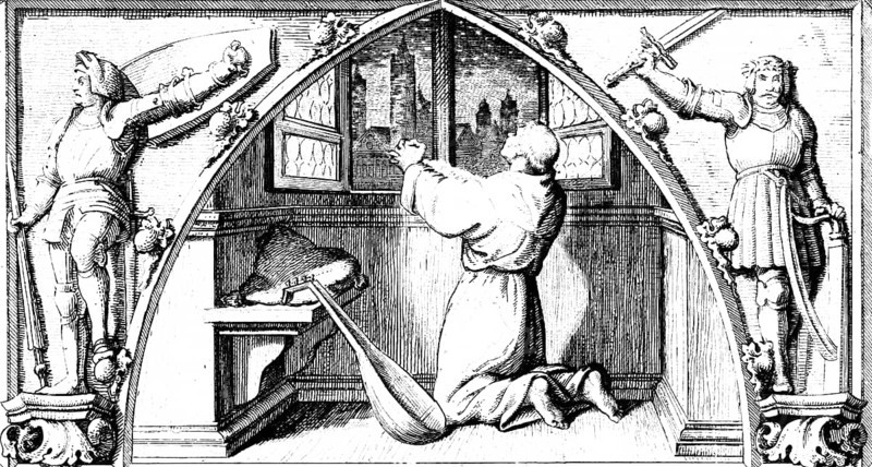 Martin Luther praying in preparation for the meeting with the emperor and the empire, chamber, kneeling, window, ornaments, 16th century, historical illustration c. 1860