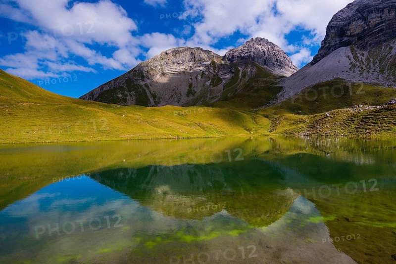 Rappensee, behind it Linkerskopf, 2459m, Rotgundspitze, 2485m, and Hochgundspitze, 2459m, AllgÃ¤u Alps, AllgÃ¤u, Bavaria, Germany, Europe