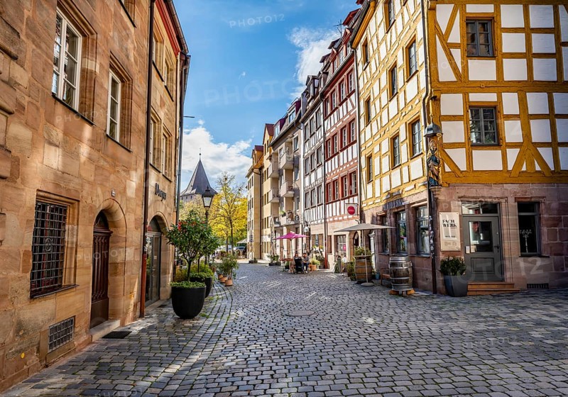 Historic half-timbered houses in WeiÃŸgerbergasse, in autumn, Old Town, Nuremberg, Middle Franconia, Bavaria, Germany, Europe