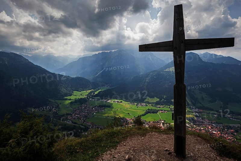 Hirschbergkreuz, Kleiner Hirschberg, view of Bad Oberdorf and Bad Hindelang and the AllgÃ¤u Alps, dramatic clouds, thunderstorm atmosphere, OberallgÃ¤u, AllgÃ¤u, Bavaria, Germany, Europe