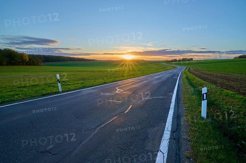Country road, field landscape, grain field, sky, clouds, sunset, Duttenbrunn, Zellingen, Würzburg, Franconia, Bavaria, Germany, Europe