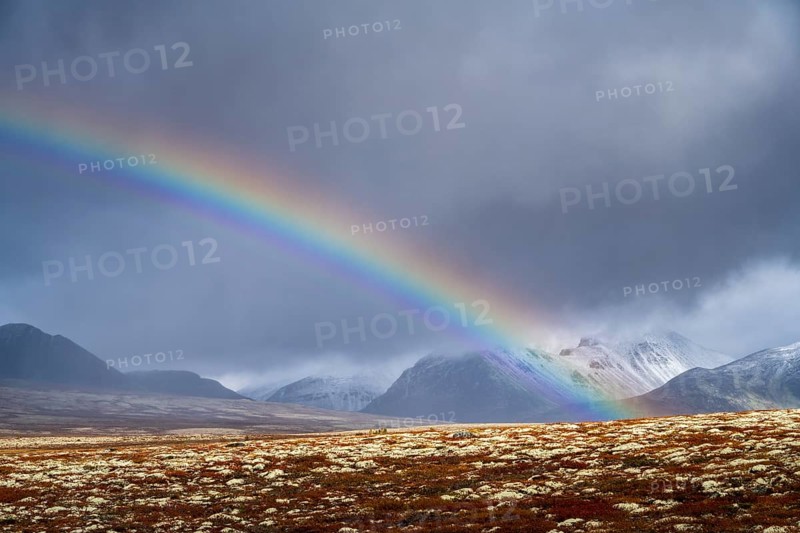 Rainbow in autumnal mountain landscape, Rondane National Park, Norway, Europe