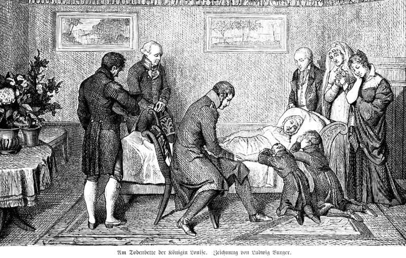 At the deathbed of Queen Louise, Louise of Prussia, room, king, doctor, children, woman, dying, pray, history, 19th century, historical illustration 1894