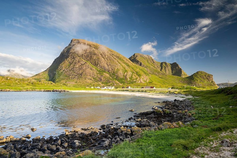 Beach and mountains, fishing village Hovden, Langoya island, Vesteralen archipelago, Norway, Europe