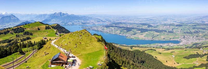 View from Mount Rigi to the city of Lucerne, Lake Lucerne and Pilatus Alps Panorama in Rigi, Switzerland, Europe