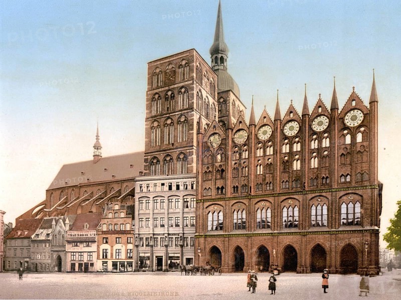 Town Hall and Church of St. Nicholas in Stralsund, Mecklenburg-Western Pomerania, Historic, digitally enhanced reproduction of a photochrome print from 1898