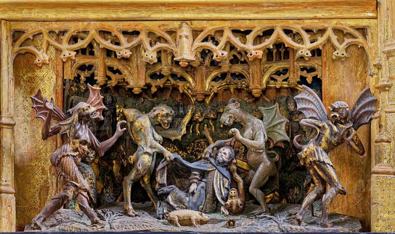 Temptation of St. Anthony Abbot, detail of carved winged altar, work of the Lukas Guild Antwerp, late Gothic, Sankt Lambertus, Affeln, Neuenrade, MÃ¤rkischer Kreis, Sauerland, North Rhine-Westphalia, Germany, Europe
