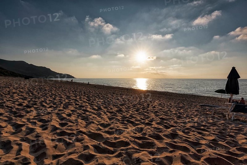 Sunset at the sea, sandy beach, backlight, Spiaggia di Scivu, Arbus, Costa Verde, Sud Sardegna, Sardinia, Italy, Europe