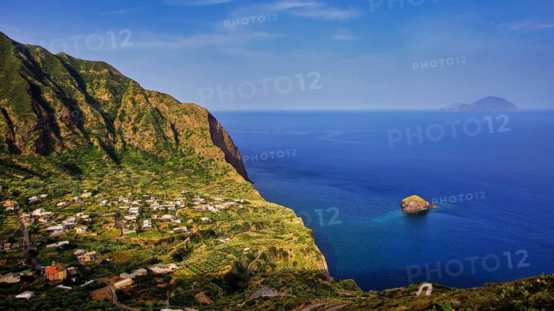 Islets, Scoglio Faraglione, green bay, houses, Filicudi island, Spiaggia di Pollara, Pollara beach, Pollara, Salina, Aeolian Islands, Sicily, Italy, Europe