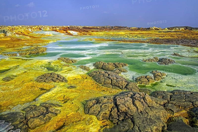 Dallol sulfur springs, hot springs in the Danakil Depression discharge brine and acidic liquid in green acid ponds, Afar Region, Ethiopia, Africa