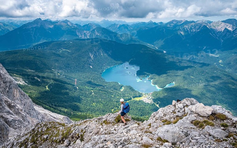 Mountaineer at Waxenstein, Eibsee lake, Wetterstein Mountains, Garmisch-Patenkirchen, Bavaria, Germany, Europe