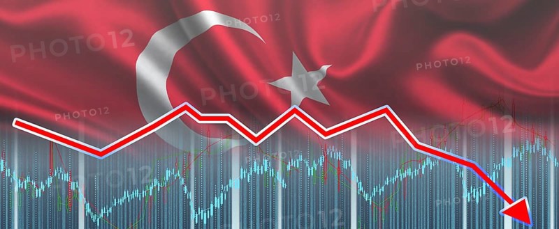 Recession graph with a red arrow on the Turkey flag, inflation. Decline of the Turkish economy. Fall of the Turkey Economy