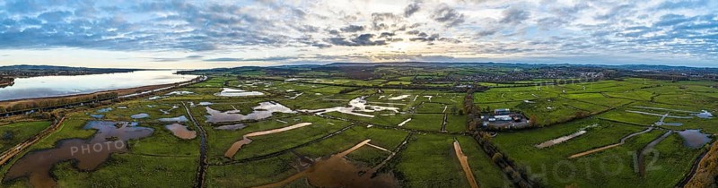 Panorama of Wetlands and Marshes in RSPB Exminster and Powderham Marshe from a drone, Exeter, Devon, England, United Kingdom, Europe