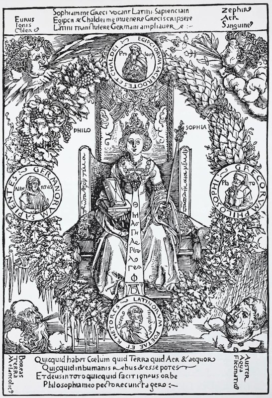 Illustration to the Quatuor libri amorum by Celtes, philosophy, the four heads of the winds in the corners represent the four elements and temperaments, woodcut by Albrecht Dürer, historical, digital improved reproduction of an old woodcut
