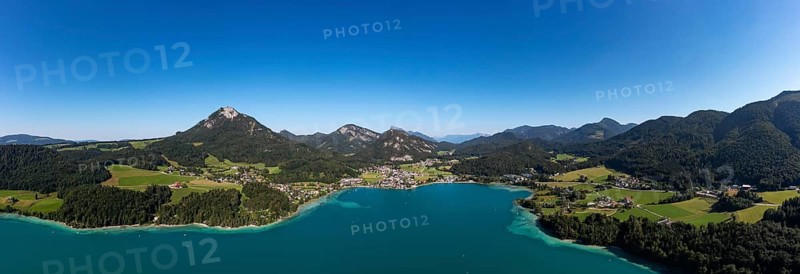 Drone shot, panorama shot, Fuschlsee, Fuschl am See, Alpine foothills, Salzkammergut, Land Salzburg, Austria, Europe