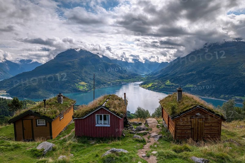 Traditional mountain huts on Rakssetra mountain pasture, Ã…rheimsfjellet mountain, Loen, Stryn, Nordfjord, Norway, Europe