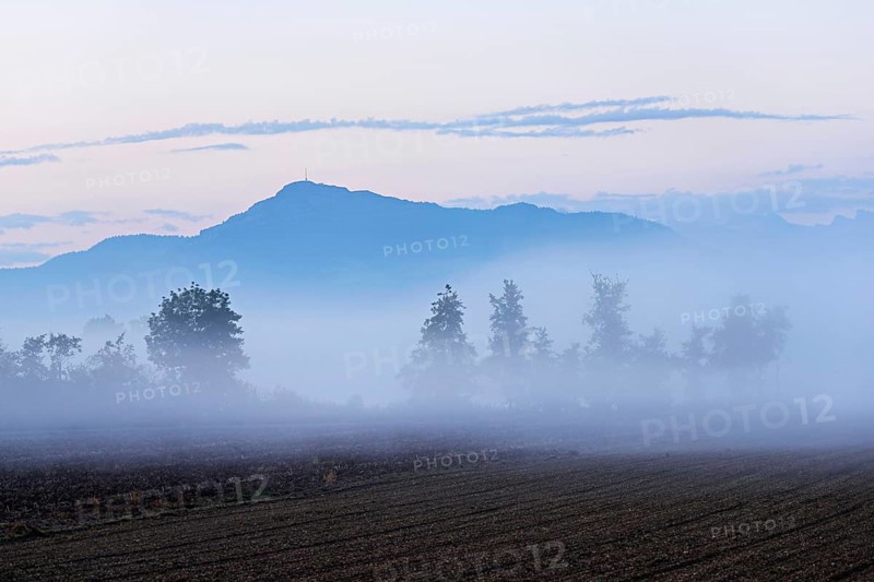 Early morning fog in the Reuss valley, behind the Rigi, Mühlau, Freiamt, Canton Aargau, Switzerland, Europe
