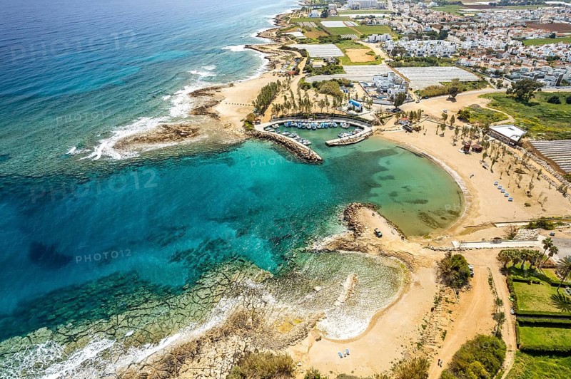 Agia Triada Beach or Trinity Beach seen from the air, Paralimni, Cyprus, Europe