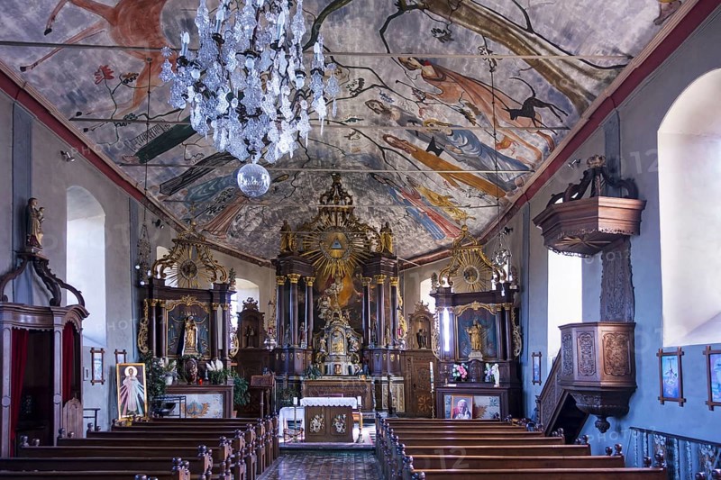 Fresco on ceiling by Hilt in the Eglise Saint-Firmin, St Fermin church at Rochehaut, province of Luxembourg, Belgian Ardennes, Wallonia, Belgium, Europe