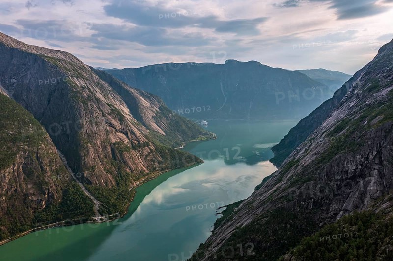View over the Eidfjord from Kjeasen Mountain Farm, Norway, Europe